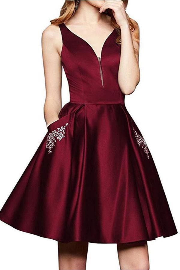 Vestido de fiesta de satén burdeos con escote en V, corte en A, bordado con cuentas y bolsillos (PD262)
