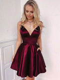 Vestidos cortos de satén con escote en V y corte en A para baile de bienvenida, con bolsillos