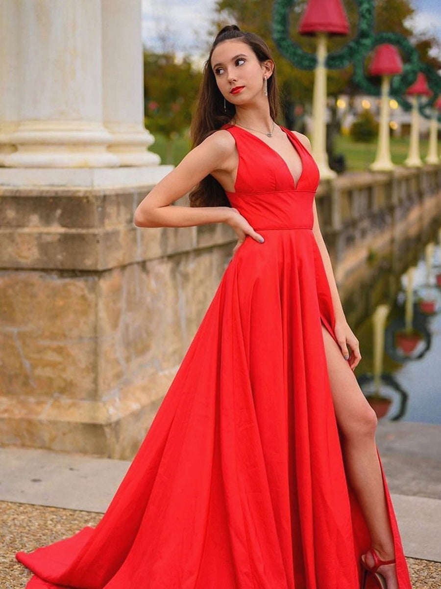 Vestidos largos de fiesta de satén con escote en V y corte en A, con abertura alta, vestidos de noche formales rojos