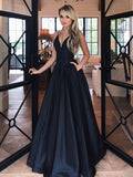Vestidos largos de fiesta de satén con escote en V y corte en A, con bolsillos. Vestidos de noche formales y sencillos en color negro.