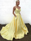 Vestidos largos de fiesta de satén con escote en V y corte en A, con bolsillos, color amarillo.