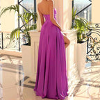 Vestido largo elegante de fiesta de graduación con escote en V, corte en A, pliegues de satén y abertura. 