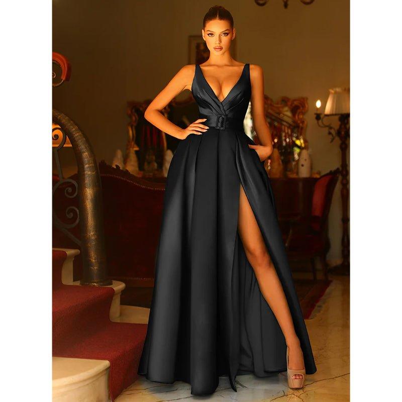 Vestido largo de fiesta formal de satén con escote en V, corte en A, pliegues, abertura lateral y bolsillos. 