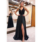 Vestido formal de noche de graduación sin mangas con lentejuelas de satén y escote en V en forma de A