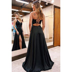 Vestido formal de noche de graduación sin mangas con lentejuelas de satén y escote en V en forma de A