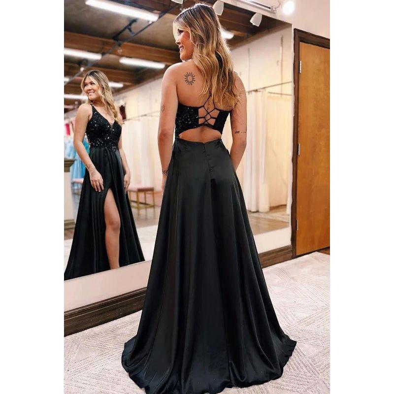 Vestido formal de noche de graduación sin mangas con lentejuelas de satén y escote en V en forma de A