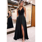 Vestido formal de noche de graduación sin mangas con lentejuelas de satén y escote en V en forma de A