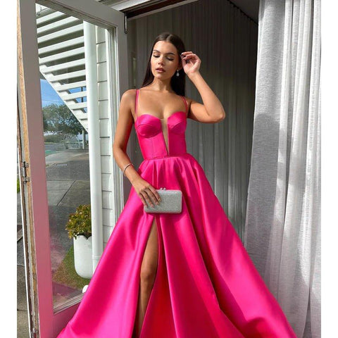 Vestido formal de satén con escote en V, corte A, sin mangas, con cordones y abertura