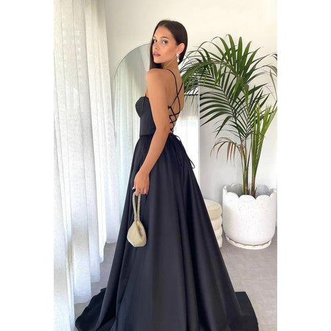 Vestido formal de satén con escote en V, corte A, sin mangas, con cordones y abertura