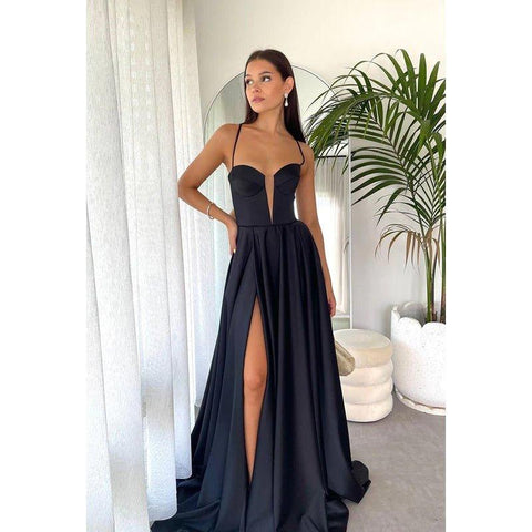 Vestido formal de satén con escote en V, corte A, sin mangas, con cordones y abertura