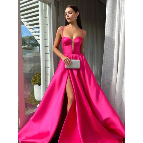 Vestido formal de satén con escote en V, corte A, sin mangas, con cordones y abertura