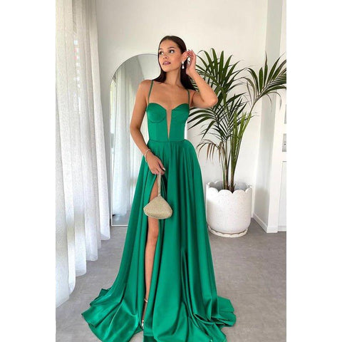 Vestido formal de satén con escote en V, corte A, sin mangas, con cordones y abertura