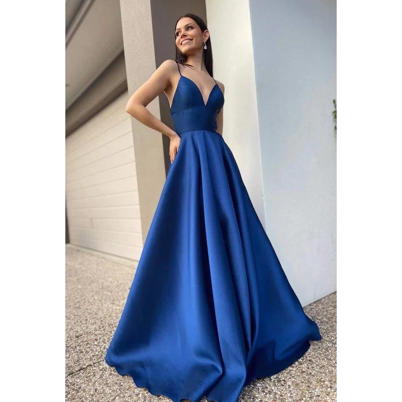 Vestido de fiesta de satén con escote en V, sin mangas y cremallera