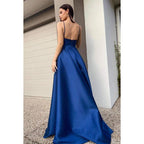 Vestido de fiesta de satén con escote en V, sin mangas y cremallera