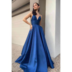 Vestido de fiesta de satén con escote en V, sin mangas y cremallera