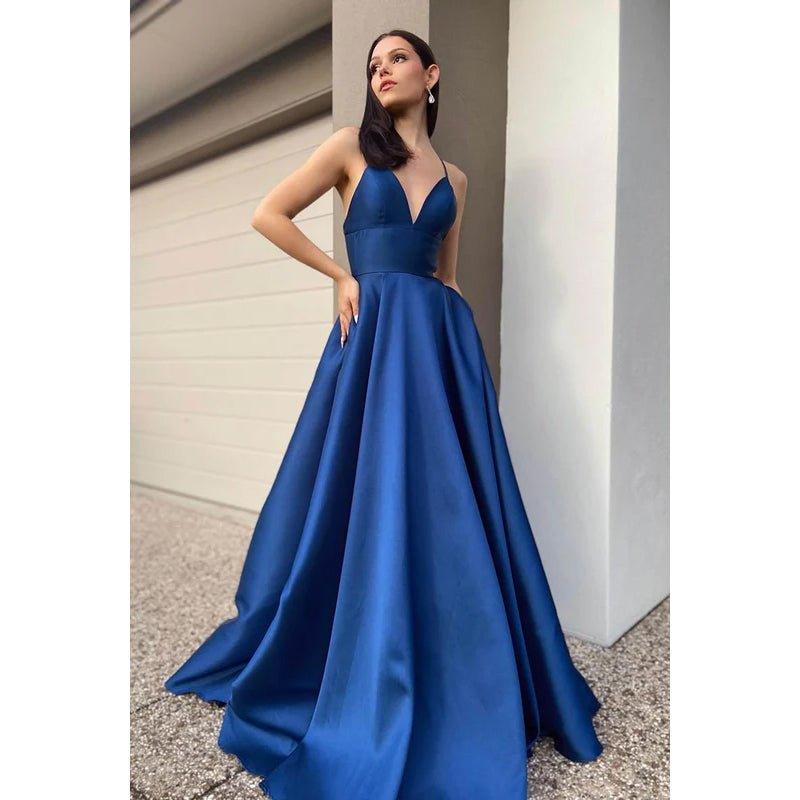 Vestido de fiesta de satén con escote en V, sin mangas y cremallera