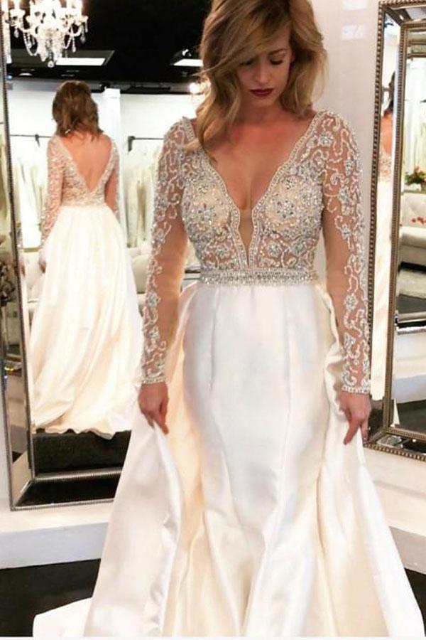 Vestidos de novia de corte A, escote en V, corpiño transparente, mangas largas con cuentas WD454