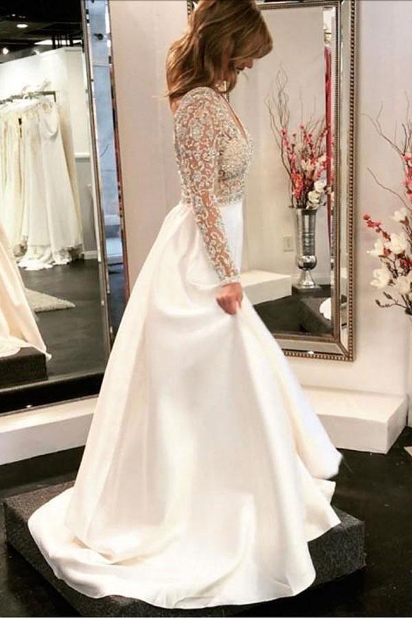 Vestidos de novia de corte A, escote en V, corpiño transparente, mangas largas con cuentas WD454