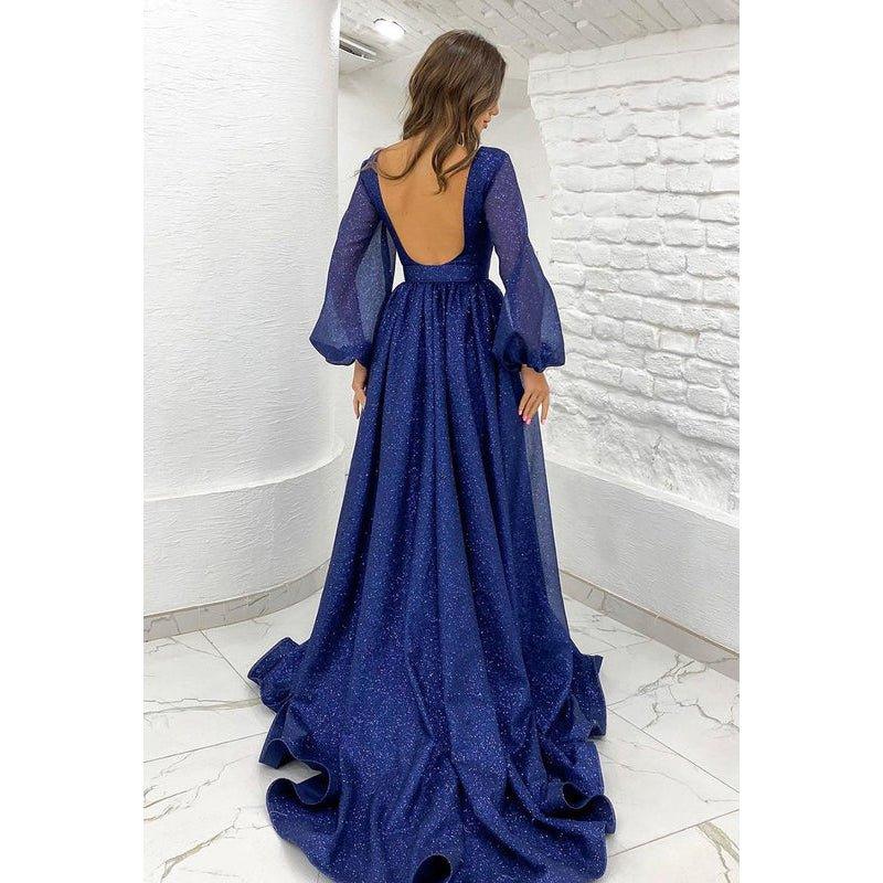 Vestido de fiesta de manga larga con escote en V y cinturón de lentejuelas