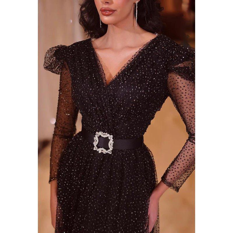 Vestido formal de noche de graduación con escote en V, cinturón de lentejuelas y mangas largas