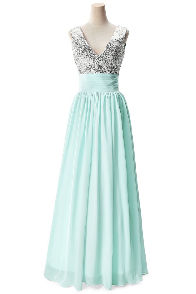 Vestido de fiesta de gasa con lentejuelas, corte en A y escote en V