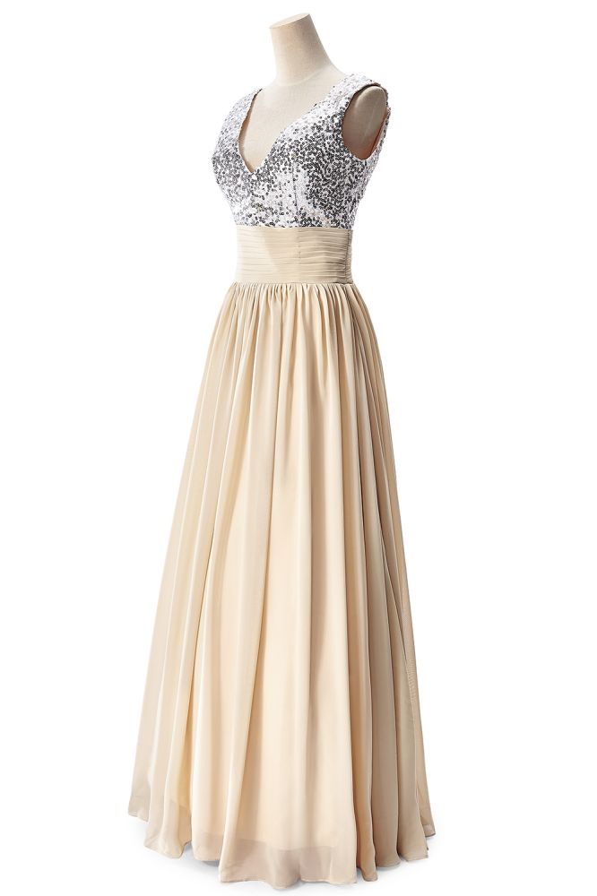 Vestido de fiesta de gasa con lentejuelas, corte en A y escote en V