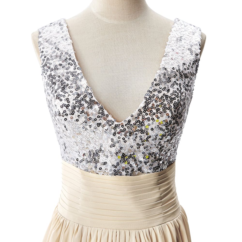 Vestido de fiesta de gasa con lentejuelas, corte en A y escote en V