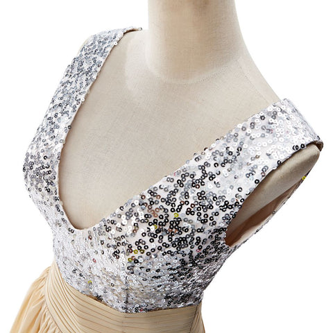 Robe de soirée trapèze en mousseline à sequins et col en V