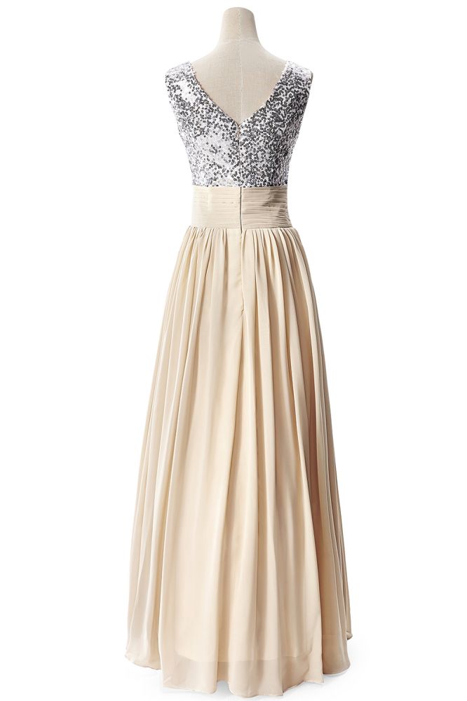 Vestido de fiesta de gasa con lentejuelas, corte en A y escote en V