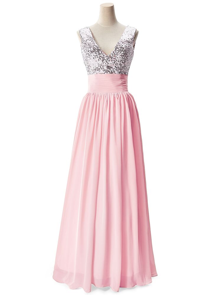 Vestido de fiesta de gasa con lentejuelas, corte en A y escote en V