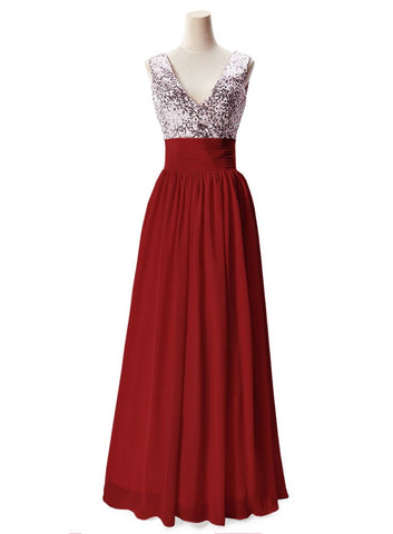 Robe de soirée trapèze en mousseline à sequins et col en V