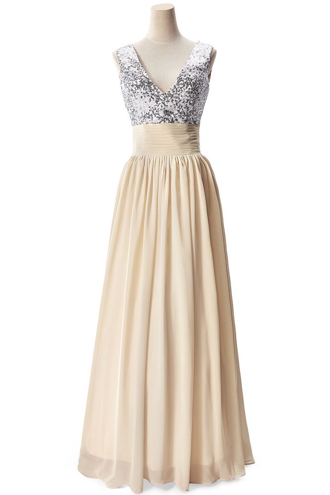 Vestido de fiesta de gasa con lentejuelas, corte en A y escote en V
