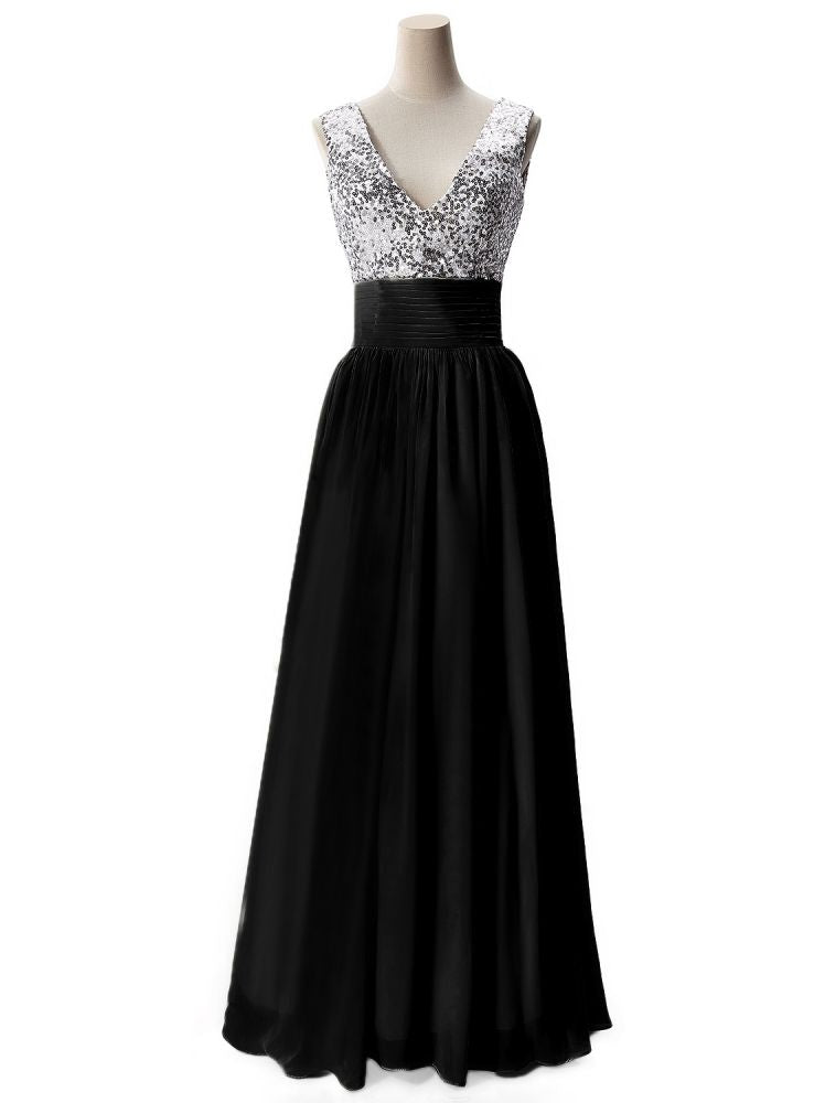 Vestido de fiesta de gasa con lentejuelas, corte en A y escote en V