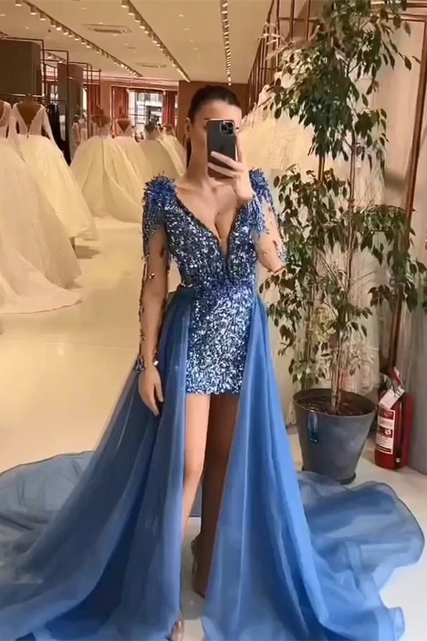 Vestidos de fiesta largos de lentejuelas, sin mangas, con escote en V y corte en A, con cola larga desmontable.