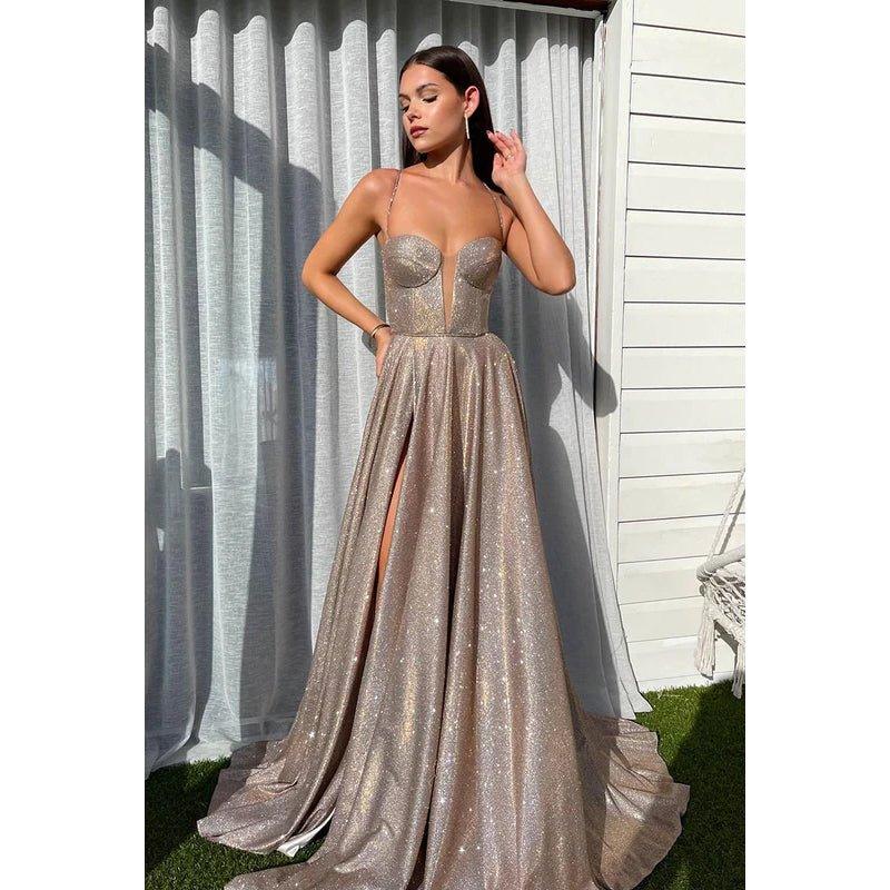 Vestido de fiesta sin mangas con escote en V, lentejuelas, abertura y cordones