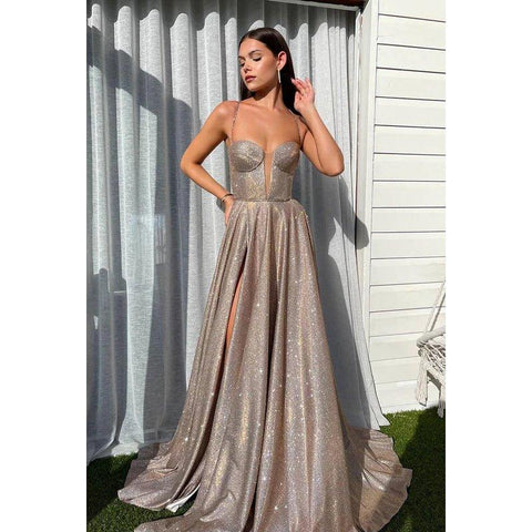 A-Line V-Neck Sequined Split Lace-Up Sleeveless Prom Dress