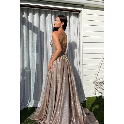 A-Line V-Neck Sequined Split Lace-Up Sleeveless Prom Dress