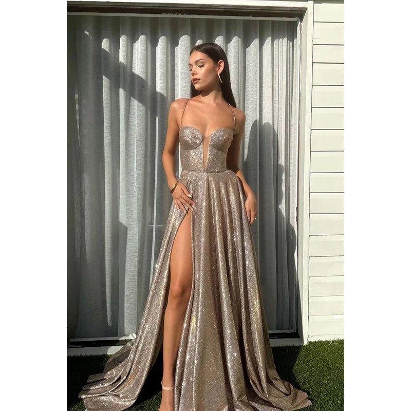 Vestido de fiesta sin mangas con escote en V, lentejuelas, abertura y cordones