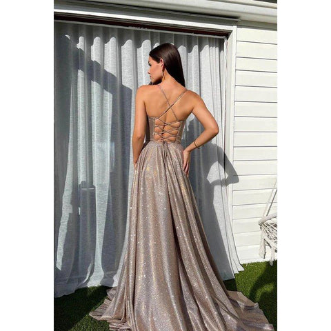 A-Line V-Neck Sequined Split Lace-Up Sleeveless Prom Dress