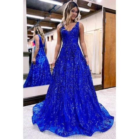 A-line V-neck Sequins Appliques Sparkly Prom Dress