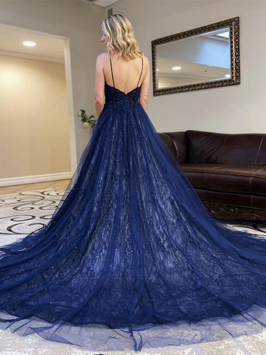 Vestidos de fiesta largos de tul con lentejuelas, escote en V, espalda descubierta y corte en A, estilo azul marino oscuro.