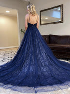 Vestidos de fiesta largos de tul con lentejuelas, escote en V, espalda descubierta y corte en A, estilo azul marino oscuro.