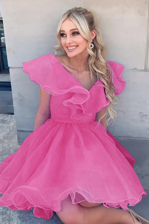Vestido de fiesta de línea A con escote en V y volantes de organza