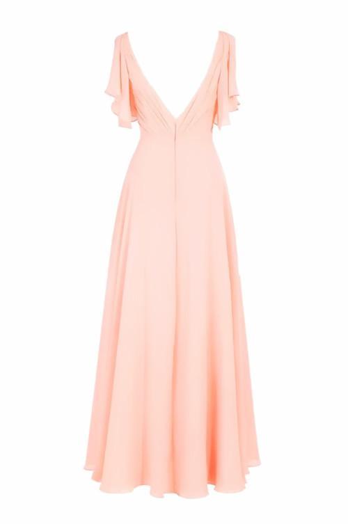Vestido de dama de honor de gasa, corte en A, escote en V, manga corta y largo hasta el suelo BD014