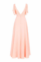 Vestido de dama de honor de gasa, corte en A, escote en V, manga corta y largo hasta el suelo BD014