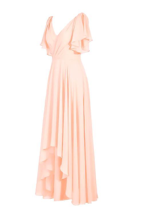 Vestido de dama de honor de gasa, corte en A, escote en V, manga corta y largo hasta el suelo BD014