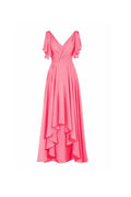 Vestido de dama de honor de gasa, corte en A, escote en V, manga corta y largo hasta el suelo BD014