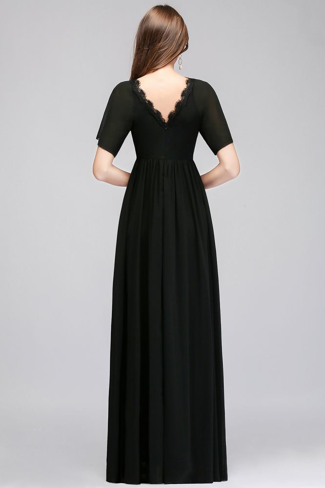 Robe de demoiselle d'honneur longue en mousseline noire, coupe trapèze, col en V, manches courtes, col en V.