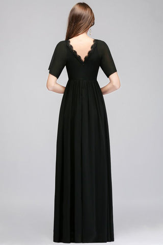 A-line V-neck Short Sleeves Long Black Chiffon Bridesmaid Dress