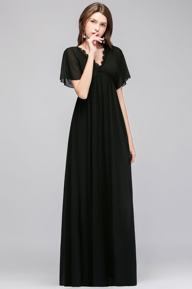 Robe de demoiselle d'honneur longue en mousseline noire, coupe trapèze, col en V, manches courtes, col en V.
